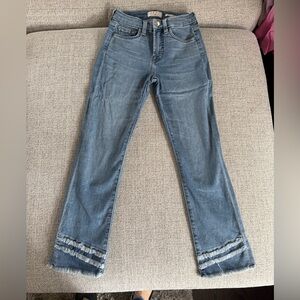 Jen 7 Womens Mid-Rise Flare Jeans with Layered Frayed Hem - Faded Blue